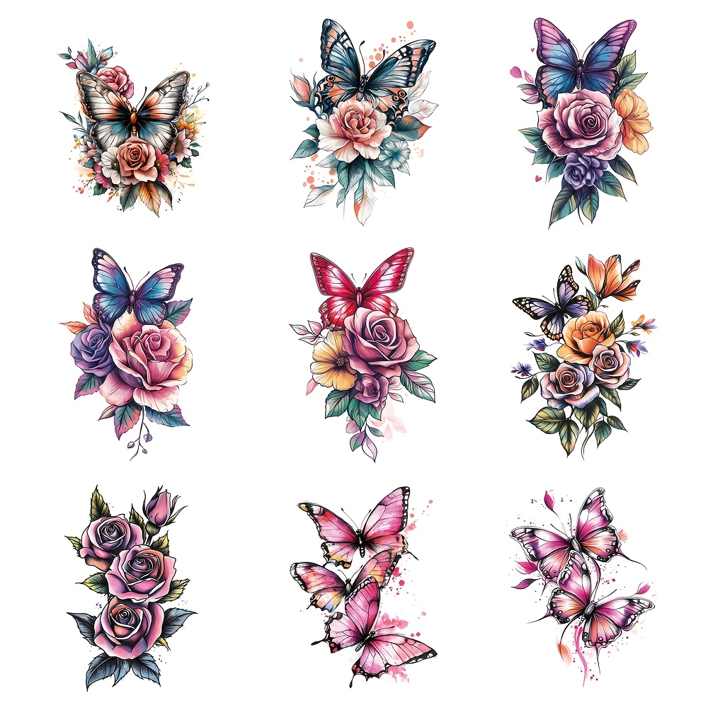 Image of 9pcs Multicolor Trendy Vibrant Rose Flower Gift Large Arm Leg Tummy Back Body Skin Temporary Waterproof Tattoo Stickers