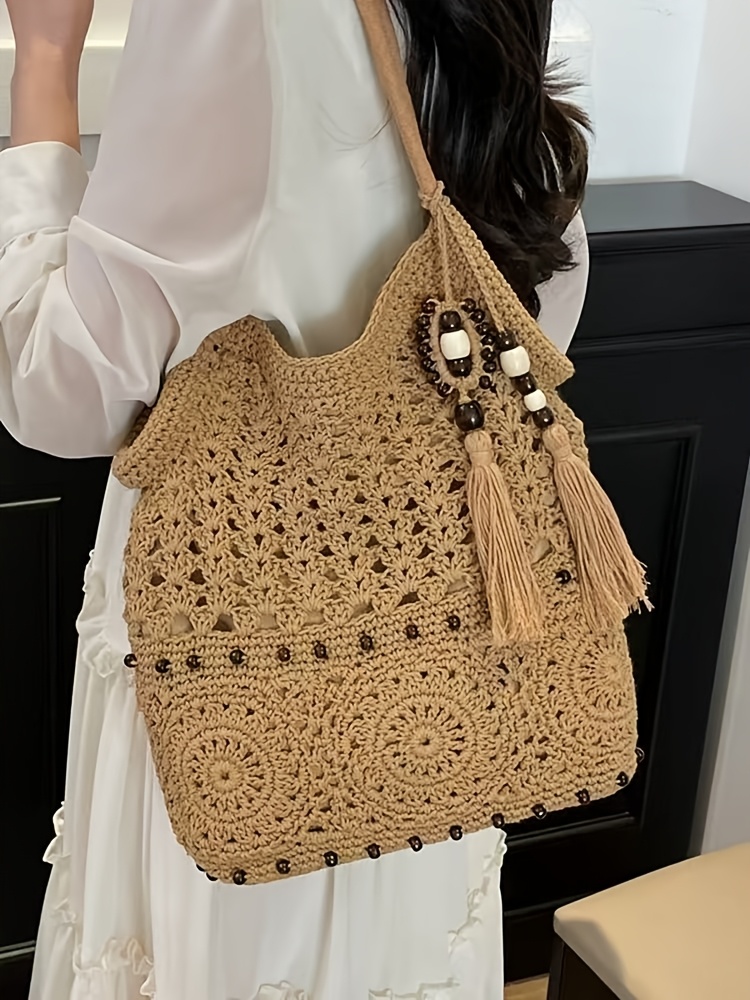 Women's Tote Bag, Vacation Bag in Khaki/Beige, Crochet Boho Hobo Bag, Beach Bag for Women, Bohemian Woven Handbag, Summer Vacation Beach Handbag, Bohemian Crossbody Bag with Tassels