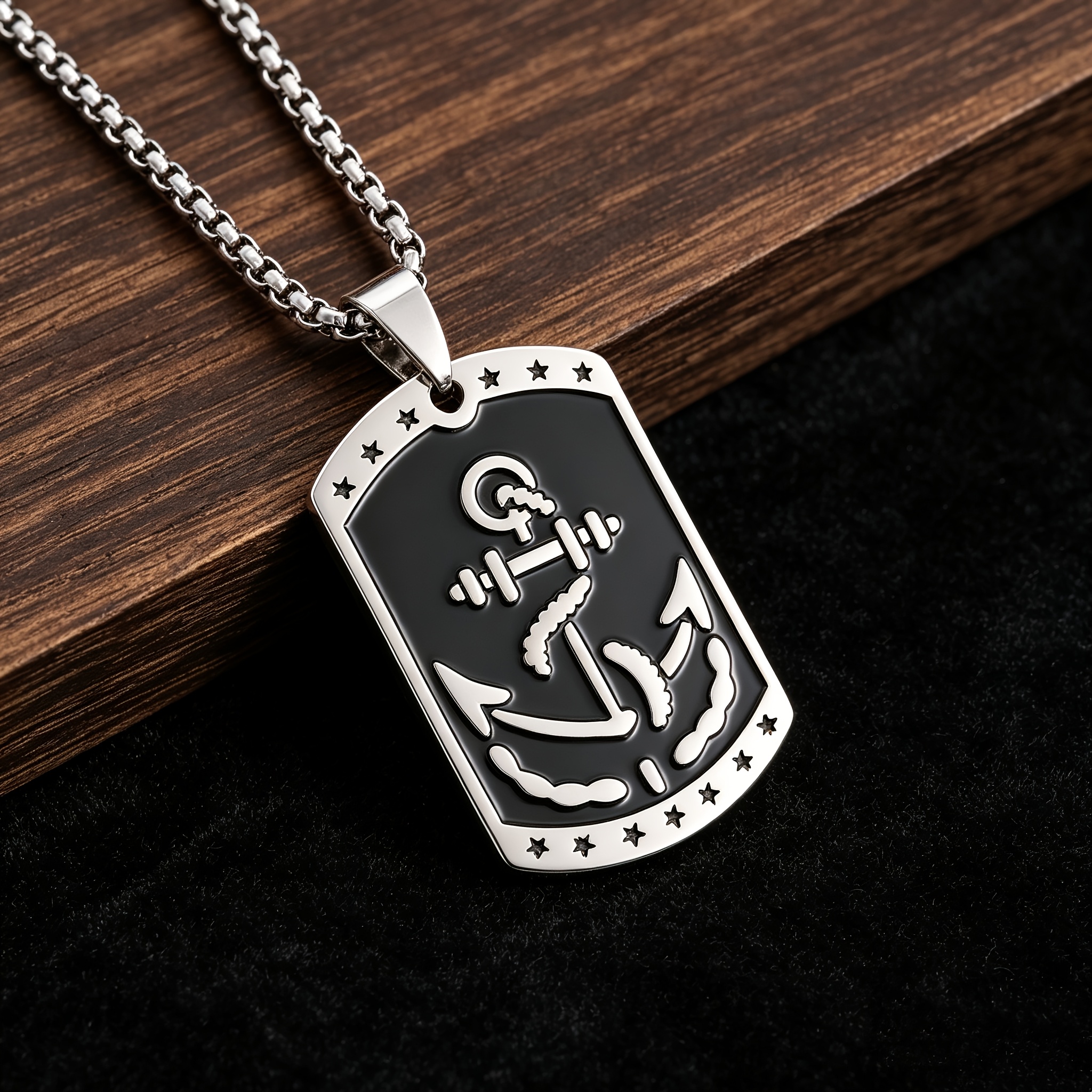 Classic Square Pendant Necklace, Anchor Pattern