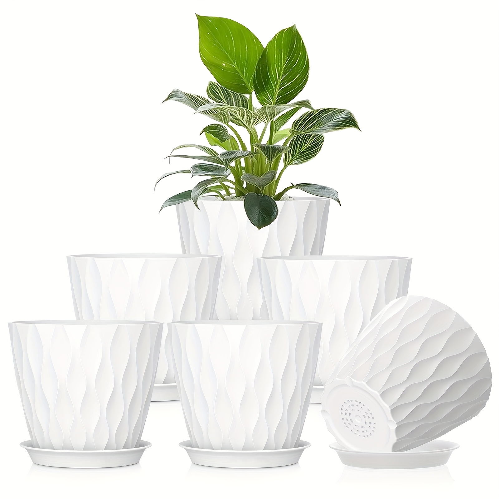 Image of 6 Sets Of 7-inch Plastic Flower Pots, Equipped With Trays And Drainage Holes, Featuring A Water , Suitable For , Flowers, And Other Types . Gardening Gift Home Decor