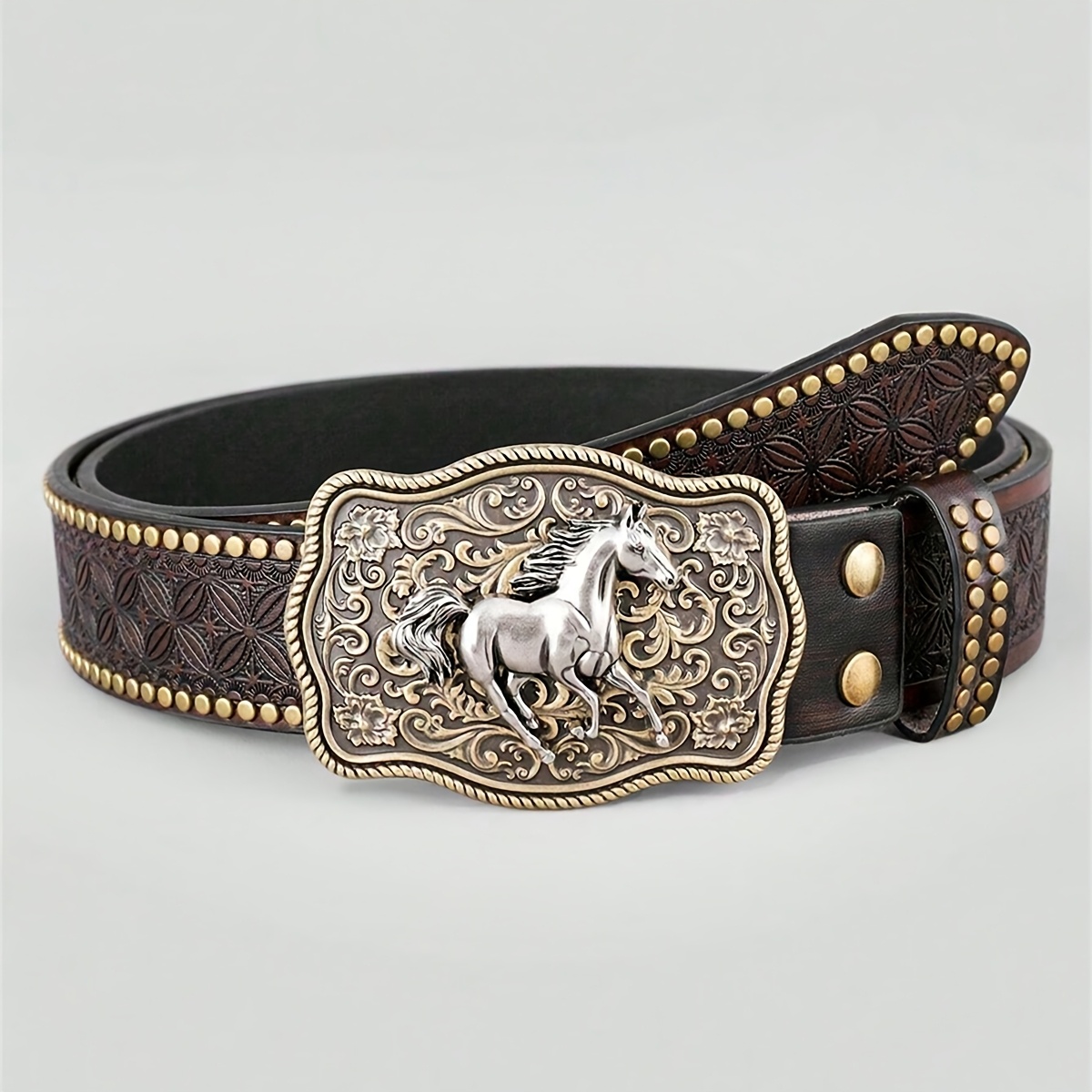 

1pc Western Cowboy Belt, 3.7cm Wide Leather , Vintage Style Funky Black With Grid Pattern And Smooth Closure