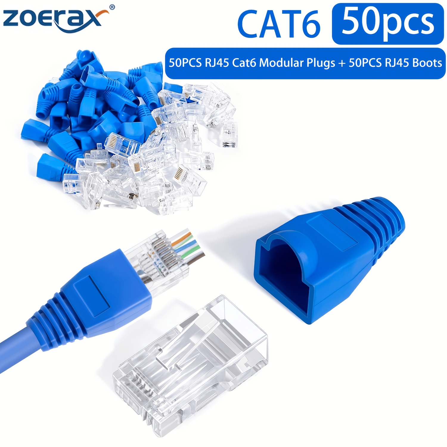 TEMU Zoerax Cat6 Rj45 Pass Through Connectors 50-pack, Transparent Ethernet Cable Plugs With 50-pack Relief Boots, Gold-plated 8p8c Crimp Ends For