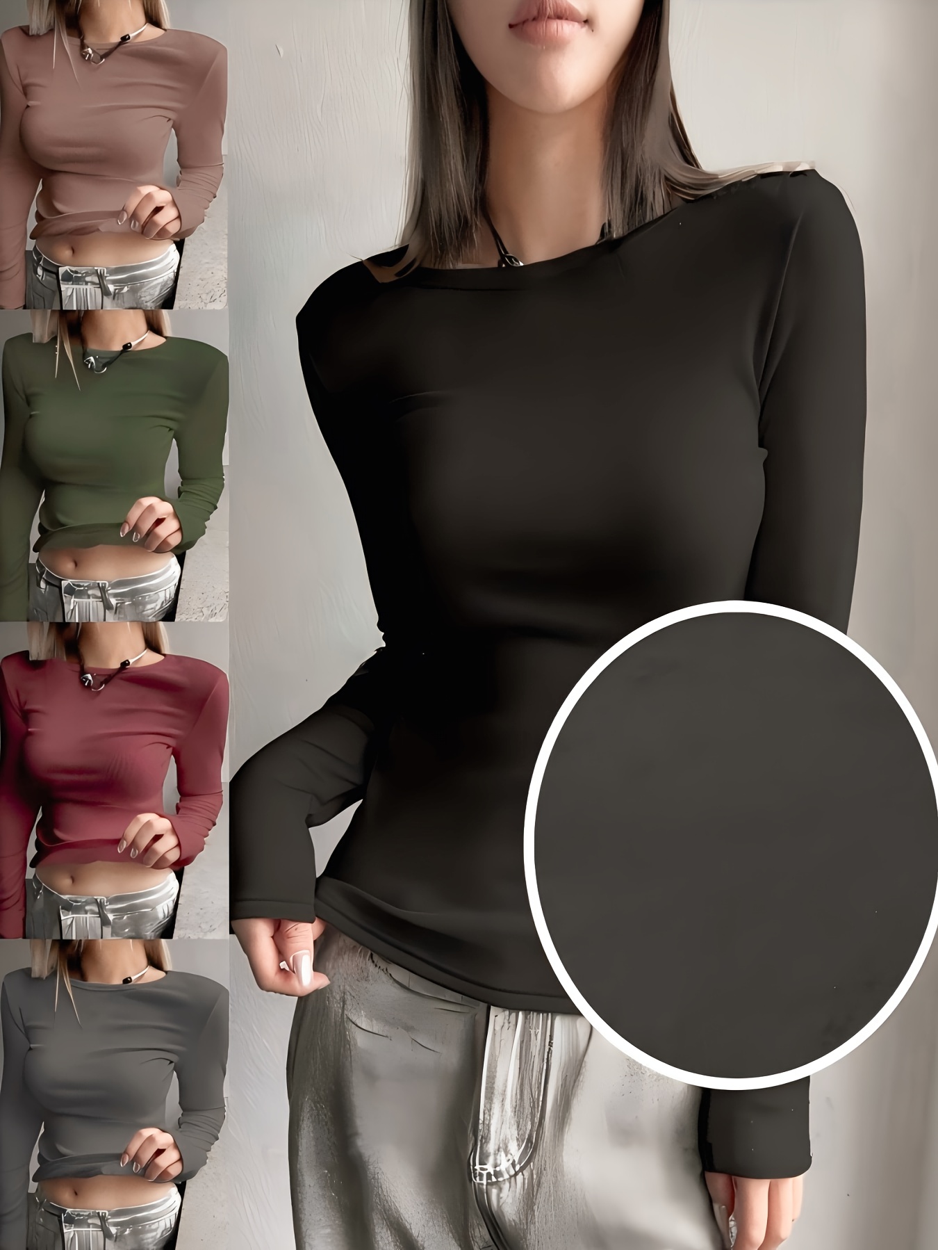 Women's Fall and Winter Thermal Knit Top, Solid Color, Polyester, Long Sleeve, Warm Baselayer Undergarment