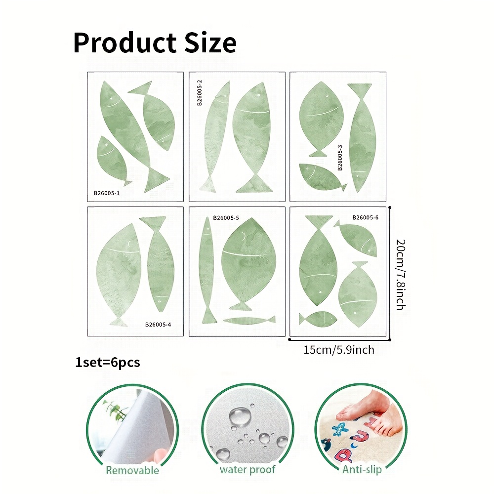 TEMU 6 Hojas/Set de Calcomanías Antideslizantes de PVC para Bañera, Apliques para Bañera, de Peces Verdes Removible, Calcomanías Antideslizantes