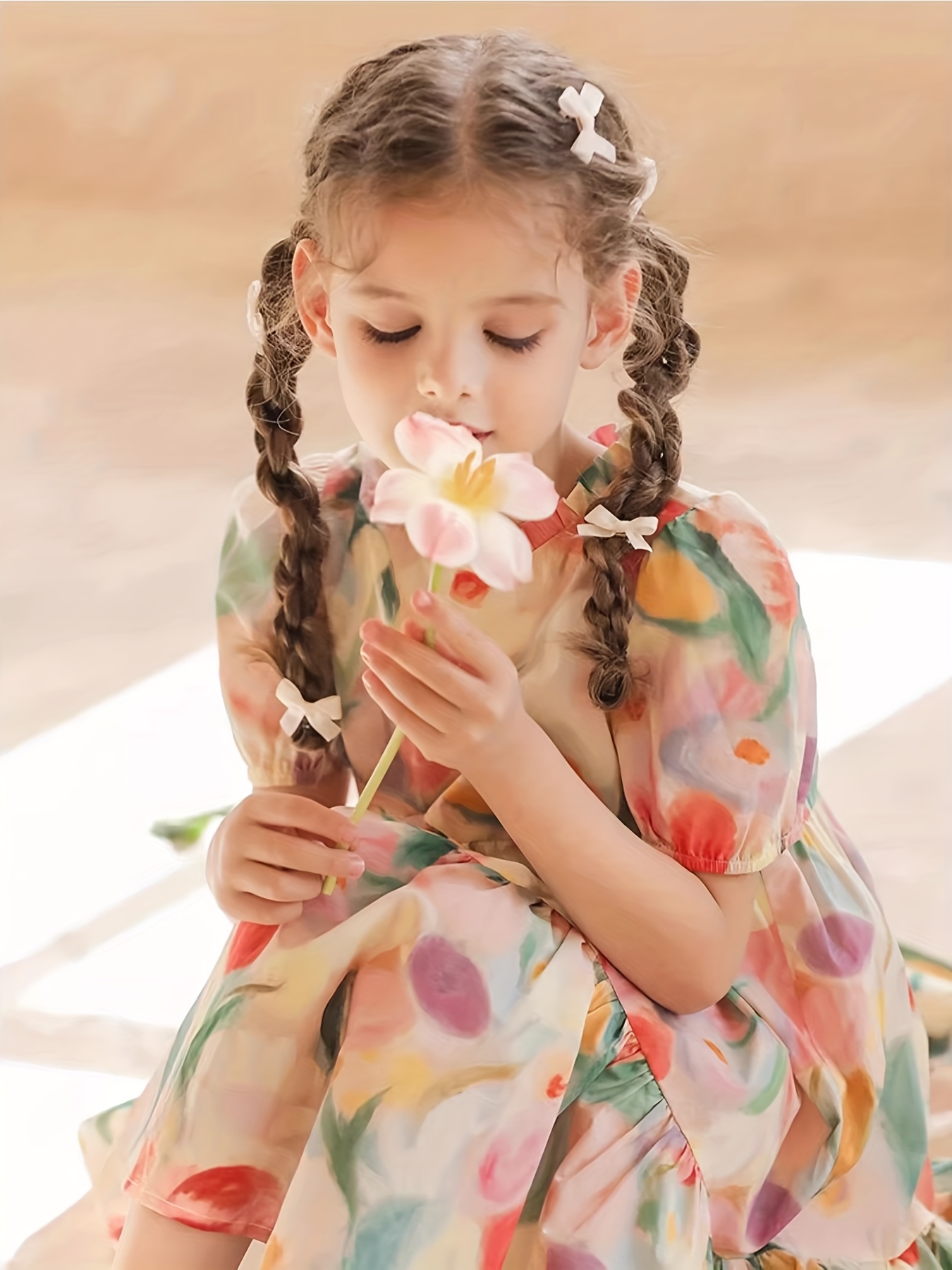 girls summer dress with peach fruit print bubble short sleeves knee length flared skirt round neck casual playwear hand wash only youngsterss outdoor playwear nontransparent fabric girls dress   color 4