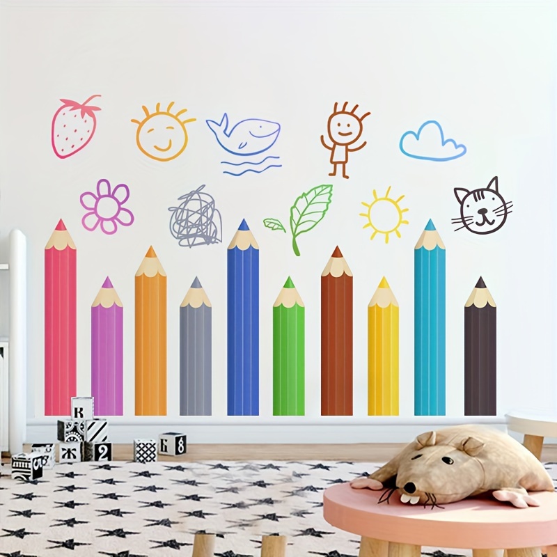 TEMU Autocollants muraux de crayons de couleur pour l'apprentissage, et la décoration de chambre d'enfant, Stickers de crayons