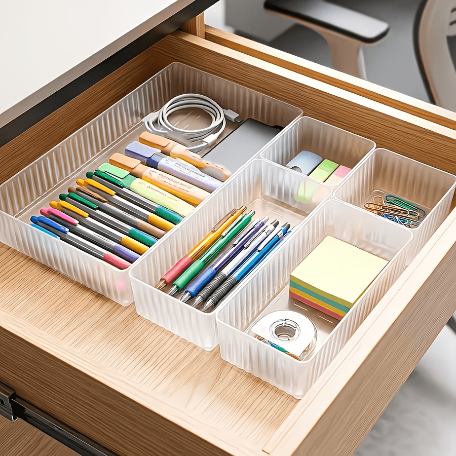 TEMU 5pcs Transparent Plastic Drawer Organizer Set, 4 Sizes Multi-functional Bathroom And Vanity Storage Trays, Desktop Divider Organizers, Non-slip