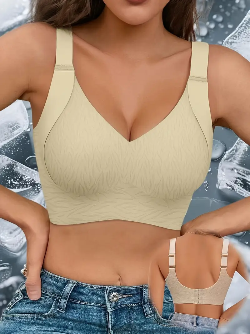 4pcs womens high support anti sagging semi fixed seamless bra and underwear wide shoulder straps without steel rings u shaped cup full coverage design breathable nylon spandex blend bohemian style daily comfortable casual underwear Product details 2