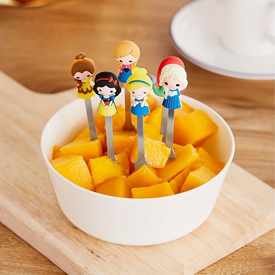 

6pcs Cute Cartoon Princess Stainless Steel Dessert Fruit Forks Set With Ceramic Holder Stand For Snack Cake Salad - Kitchen Party Serving Accessories