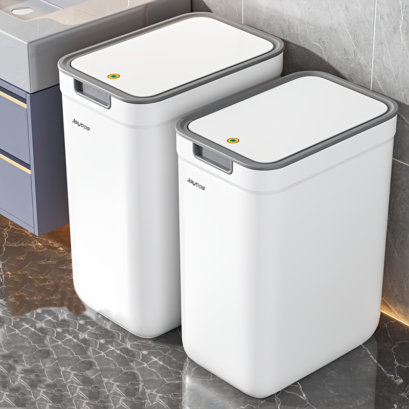 Joybos 2pcs White Press-to-open Slim Slant Slit Plastic Trash Can With Lid - Large Capacity Narrow Waste Bin, Space- Rectangular Bathroom/bedside/office Bin, & Hygienic Disposal (no)