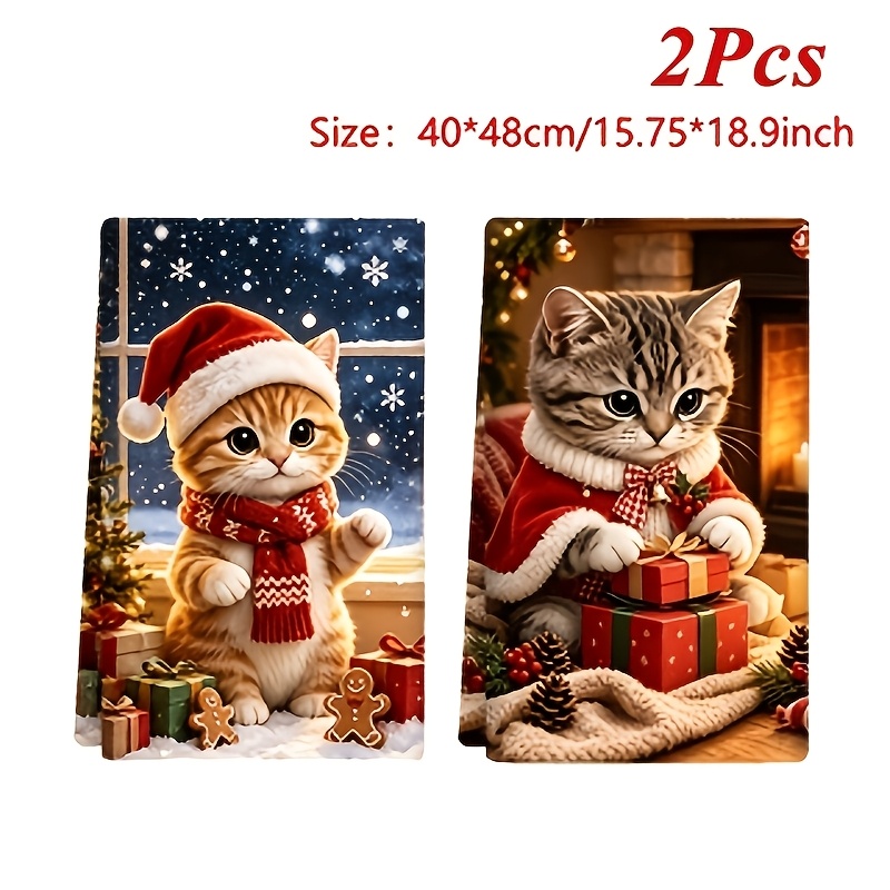 TEMU 2 pezzi, Strofinaccio per natalizio, Gatto, Strofinacci con motivi regalo di zenzero, Panni per la pulizia per le feste invernali per la