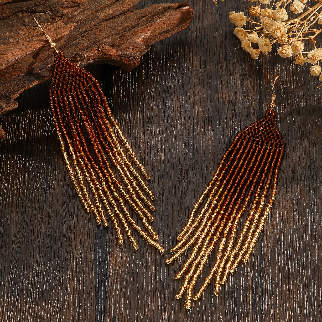 TEMU Bohemian Retro Style Tassel Earrings, Brown Gradient Geometric Pattern Glass Rice Beads, Hand-woven Beaded, Suitable For Daily Wear, Versatile,