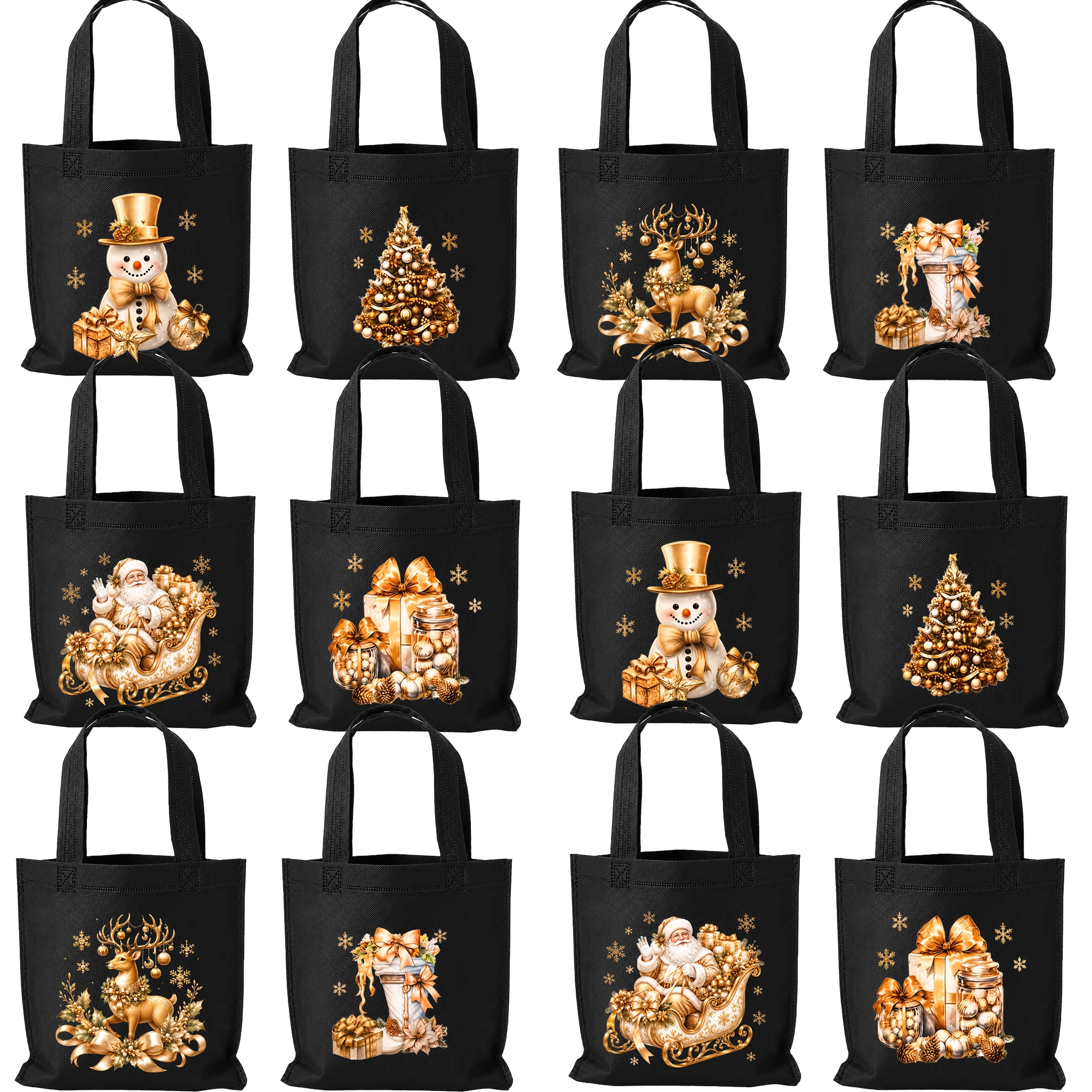 TEMU Gift For Her/him 12pcs Black Small Christmas Gift Bags With Handles, Christmas Tree And Snowman Patterns, Party Handbags, Non-woven Gift Bags,