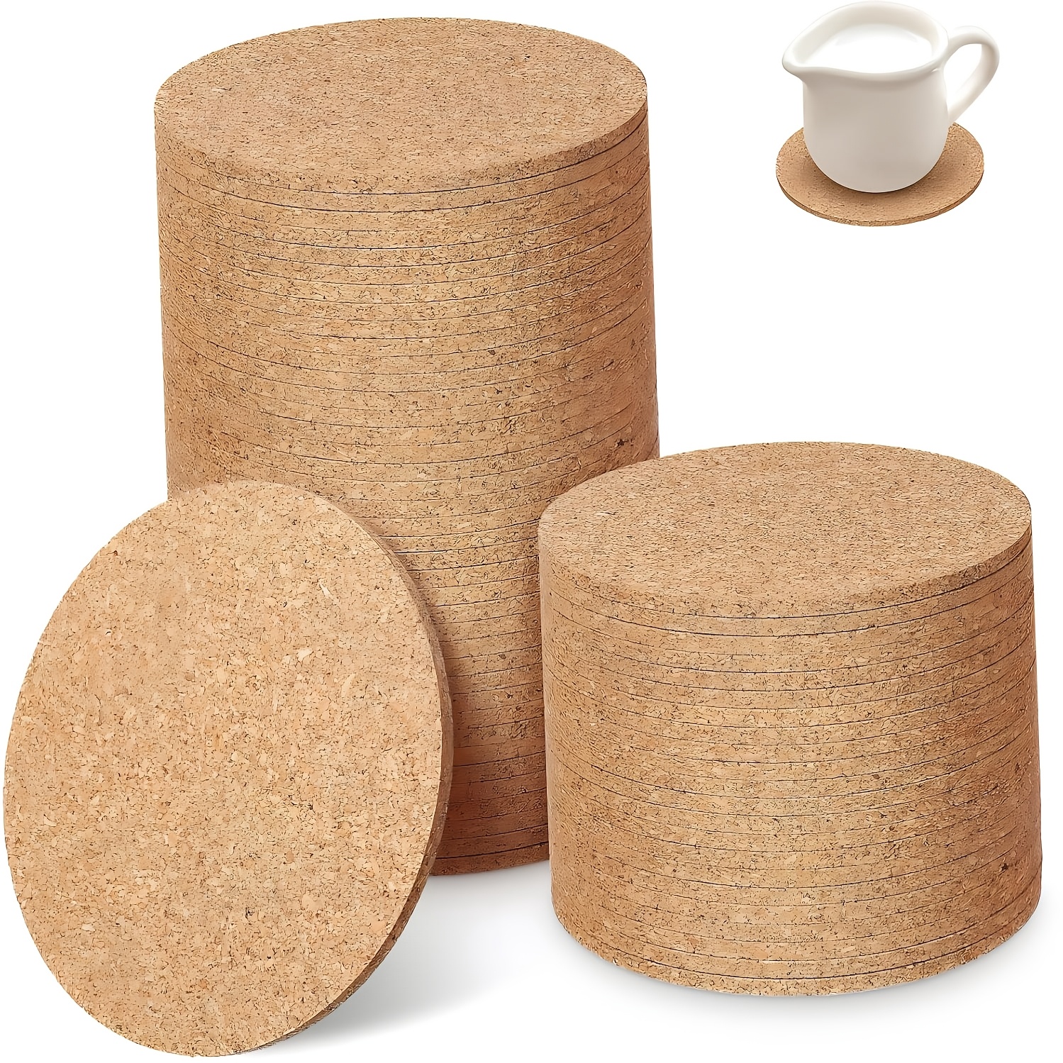 Dofiki 100pcs 10cm Round Cork Coasters, Heat Resistant & Absorbent Drink Coasters, Reusable Blank Wooden Coasters For Wine Glass Coffee Cups Diy Crafts, Laser Engravable