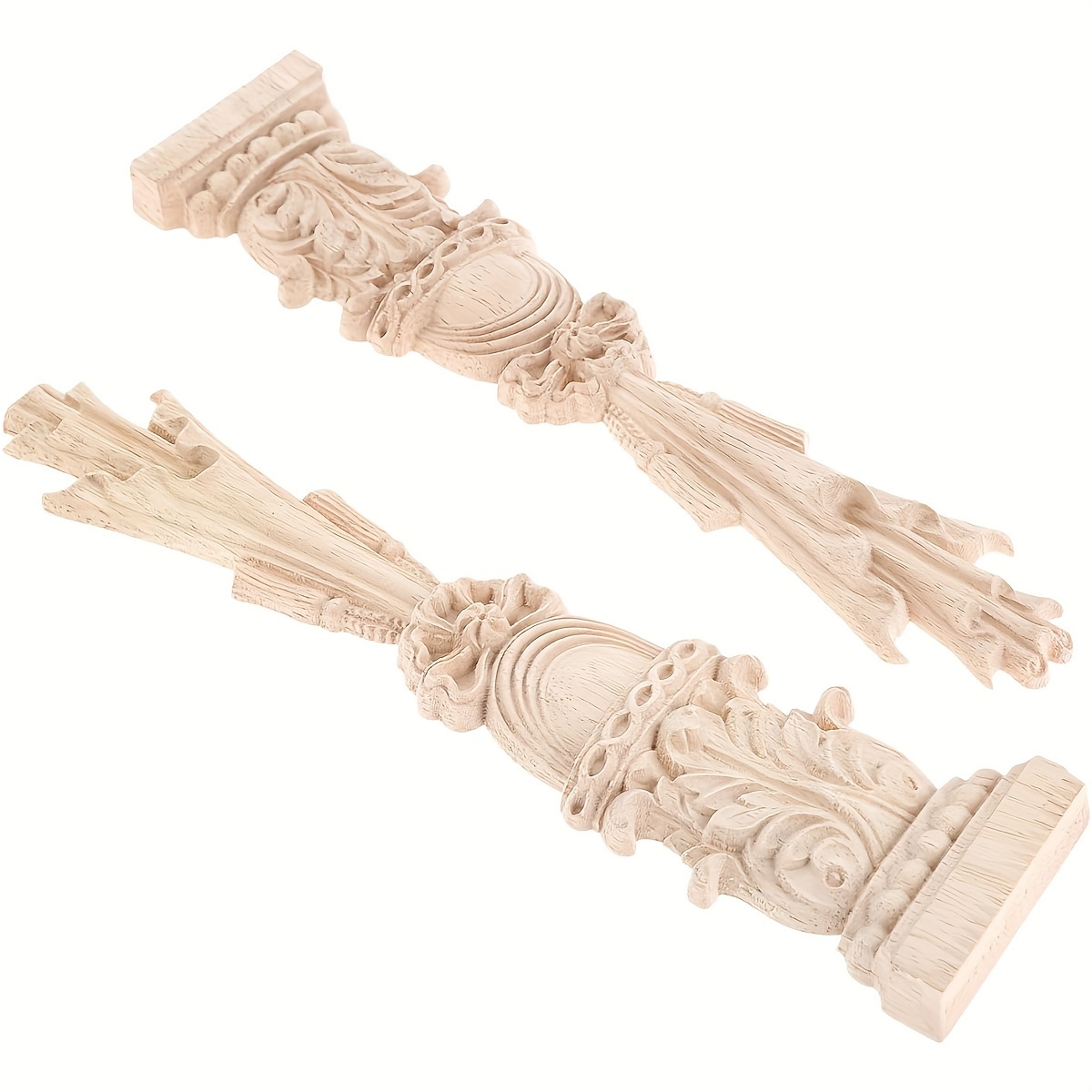 2- Wood Carved Appliques - Unpainted Decorative Mouldings For Windows, Doors, Walls And Fireplace Surrounds