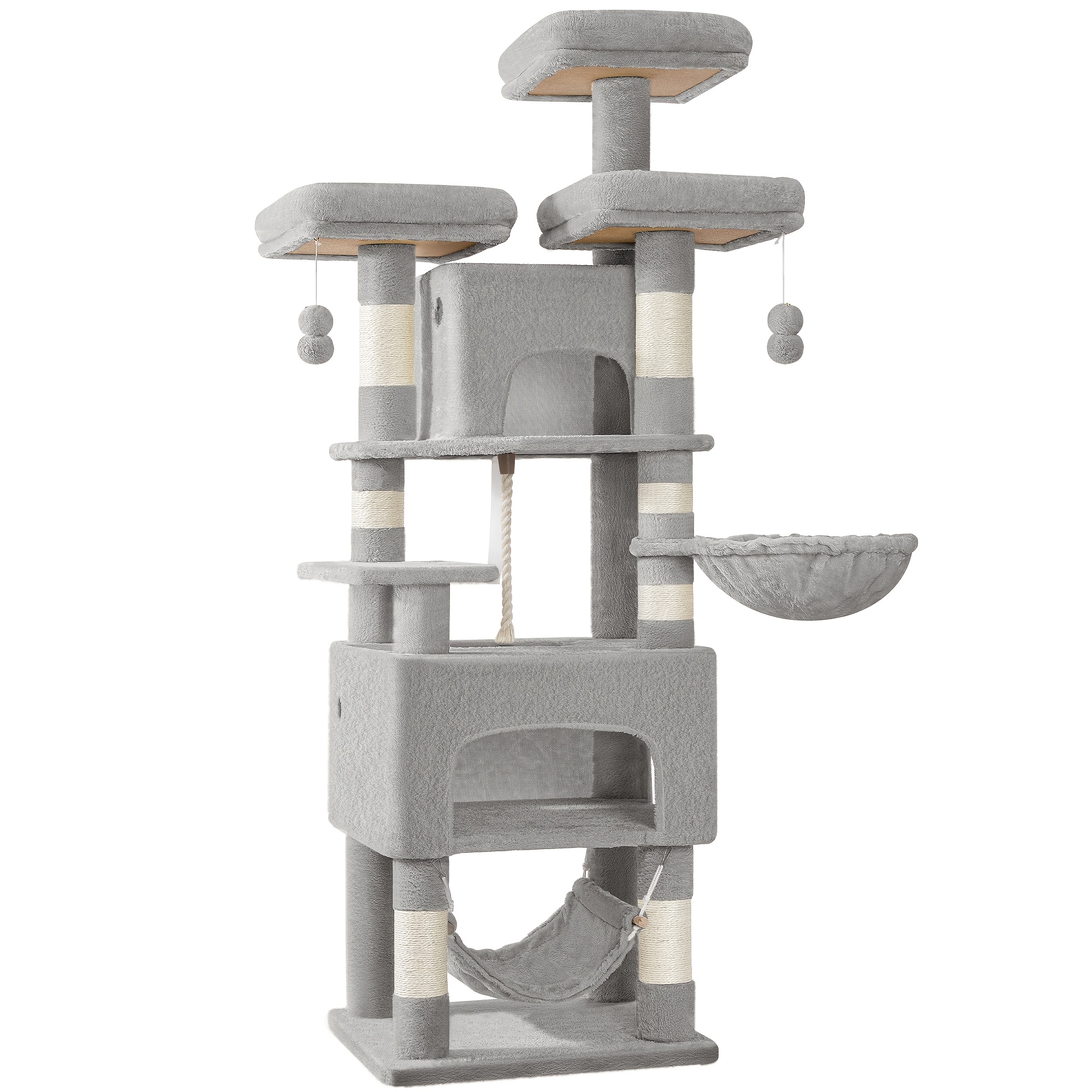 Tall Cat Tower, 176cm High, Extra Large, Featuring 3 Levels, 2 Hideaways, 7 Scratching Poles, A Hammock, Soft Balls, Ideal For Homes With Multiple Cats