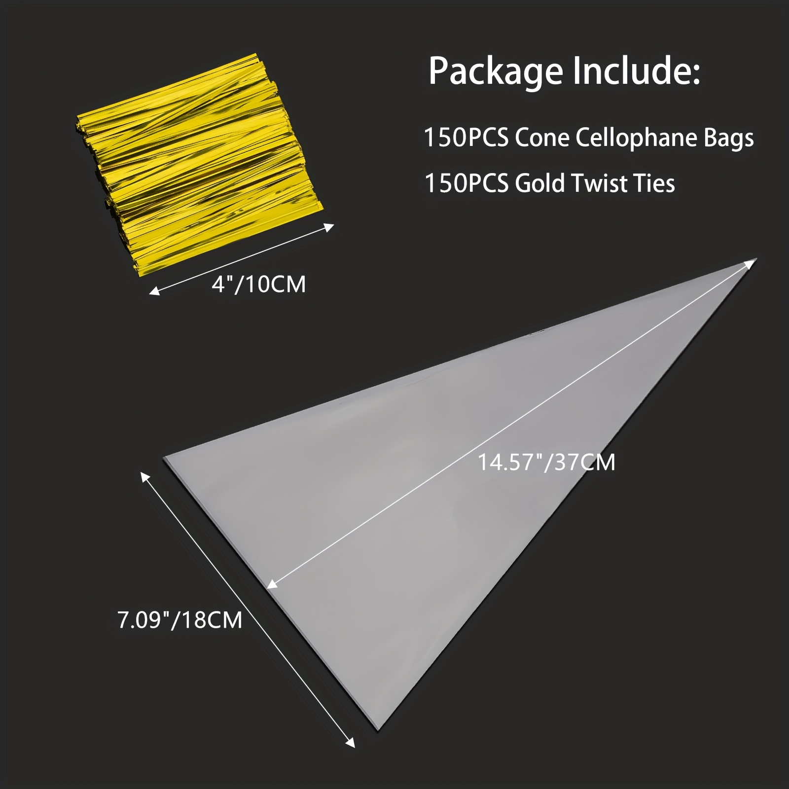 150pcs Cone Cellophane Bags, Clear Cone Shaped Treat Bags With 150pcs Golden Twist Ties, Christmas Plastic Cone Bags Triangle Bags For Popcorn Favor Candy