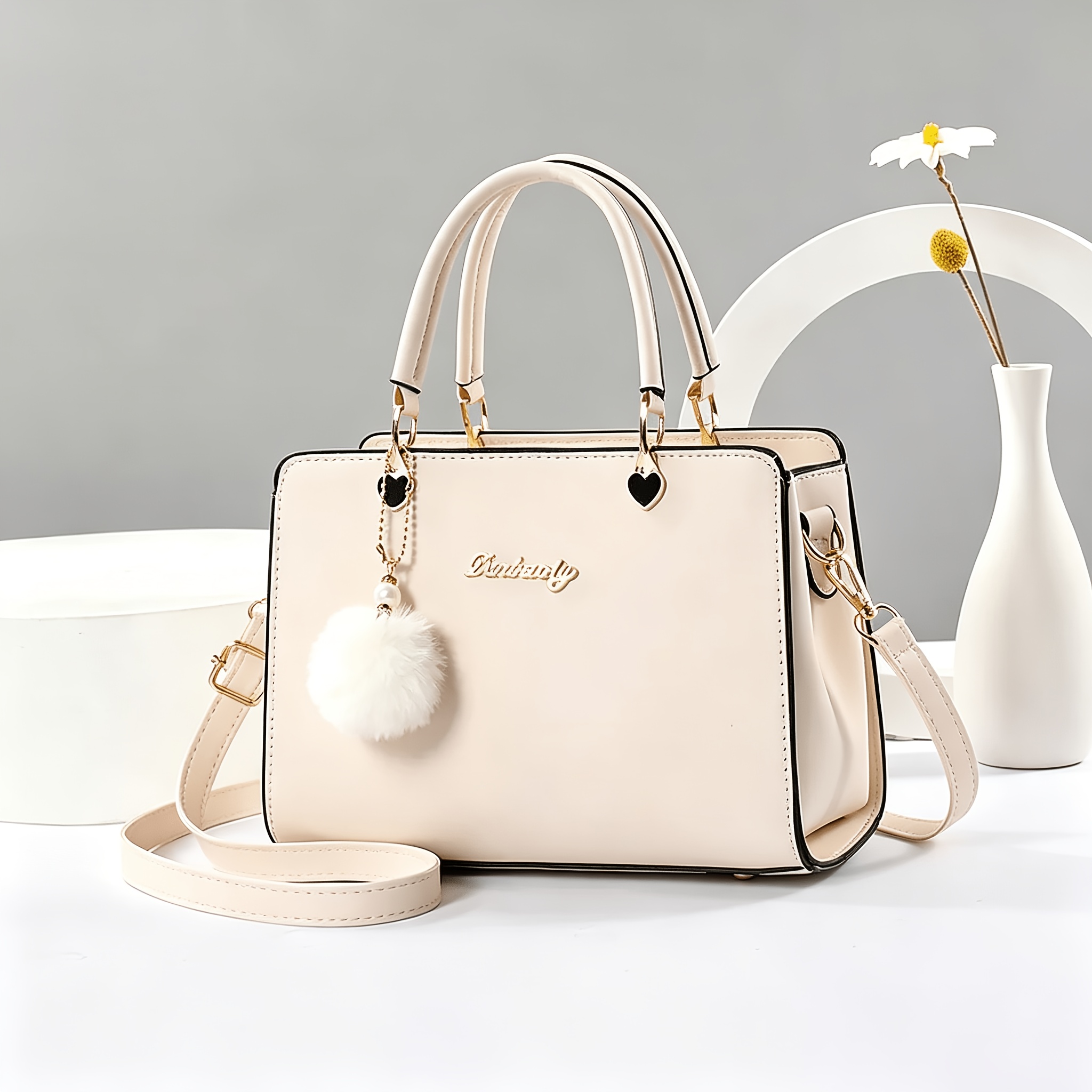 Image of Pom-pom Embellishment Solid Fashion Handbag, Women's Body Bag With Capacity, Suitable For Dates And Office Workers