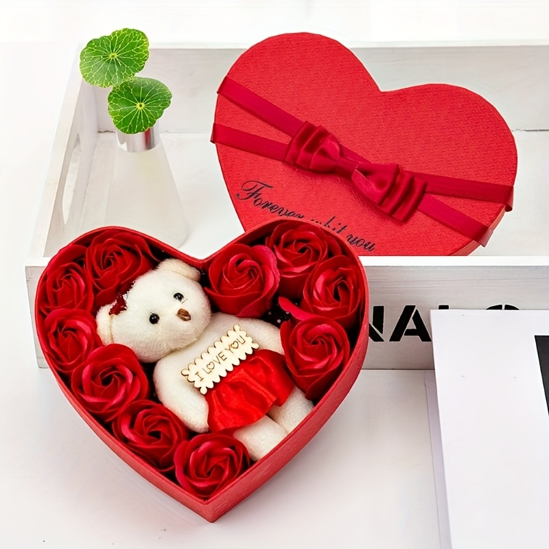 

10pcs Flower With Cute Bear In Gift Box, Gift For Birthday/valentine's Day/ Day/christmas Gift