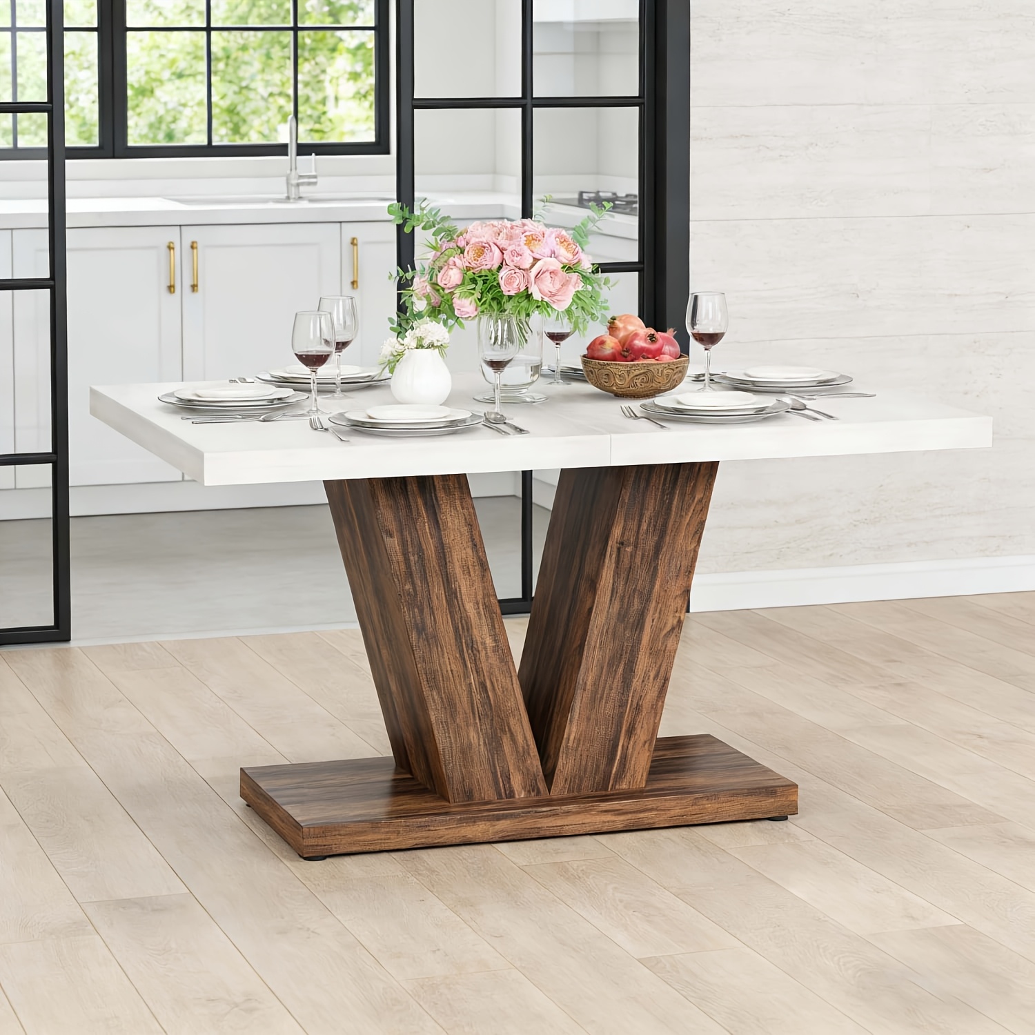 Image of 47-inch Modern Dining Table Suitable For 4 With V-shaped Pedestal Base, White & Rustic Brown - Assembly Contemporary Wood Table, Dining Room, Living Room, Space- For Small Homes/homeschooling