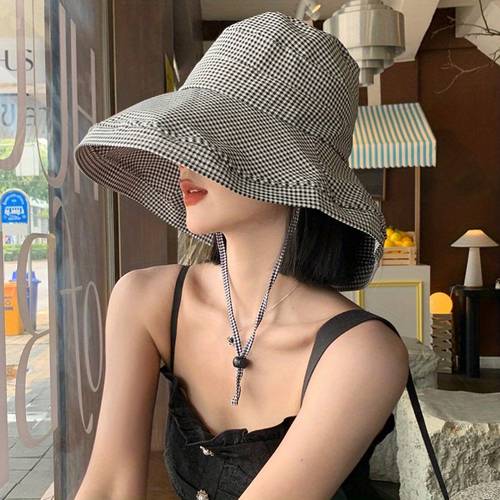 wide brim bucket hats for women fashion plaid print outdoor fisherman hats for travel beach hiking