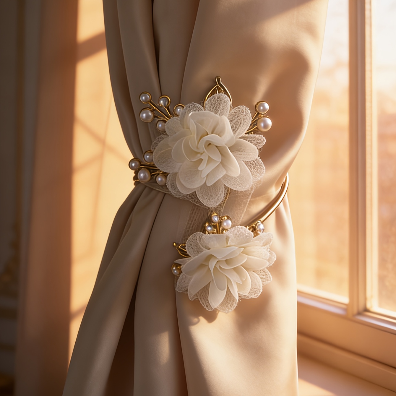Rustic Floral Curtain Tiebacks, Alloy Pearl Embellished Curtain Bands, Curtain Organizer Clips, Suitable For Window Decorations