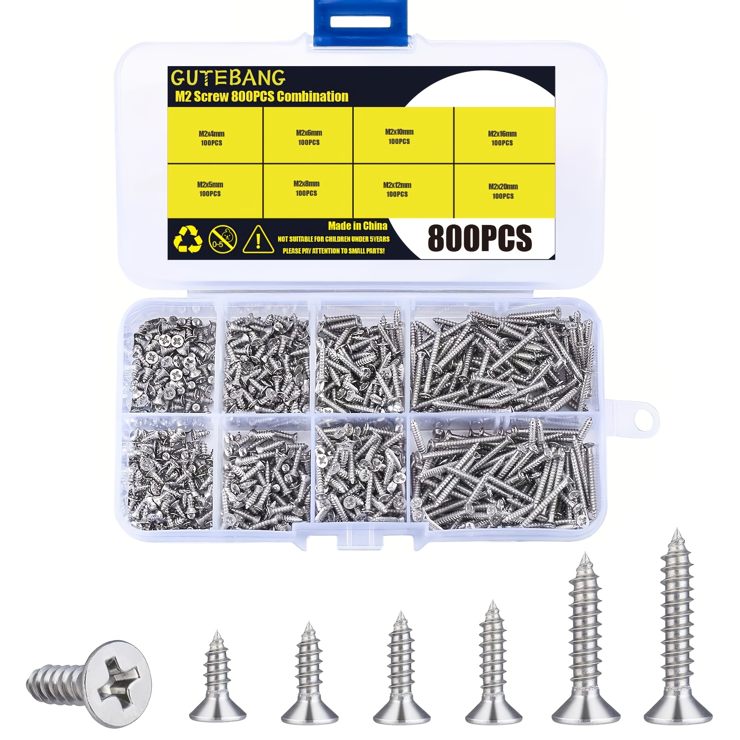 

800 Pcs M2 Self Tapping Screws, Small Drive Head Self Tapping Woodworking Screws, Carbon Steel Self Drilling Screws Assortment Kit, 4/5/6/8/10/12/16/20mm