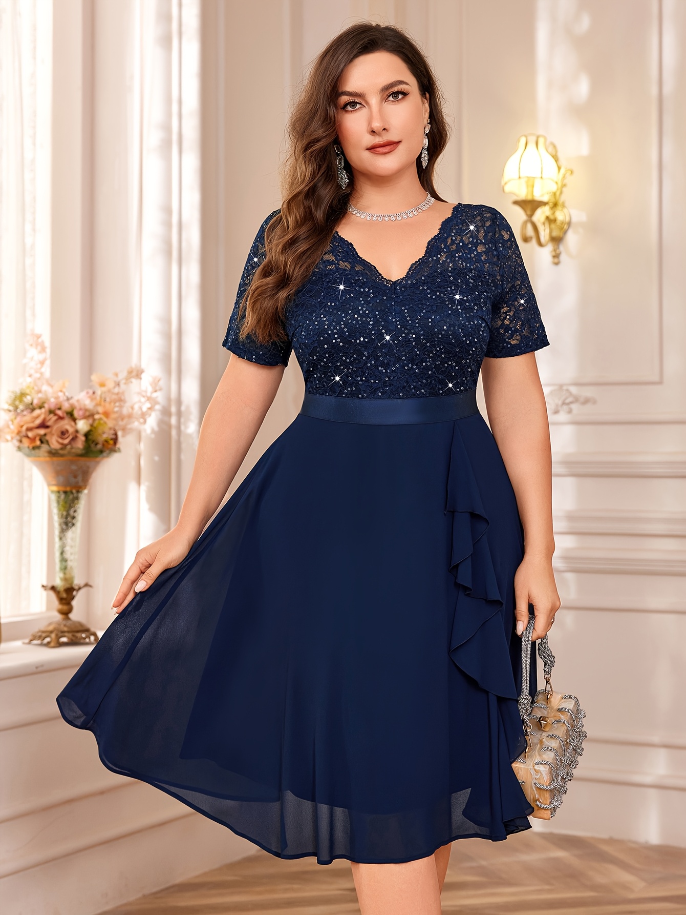casual dress for wedding Verity Navy Lace Long SLeeve Mini Dress - 14 main image 1