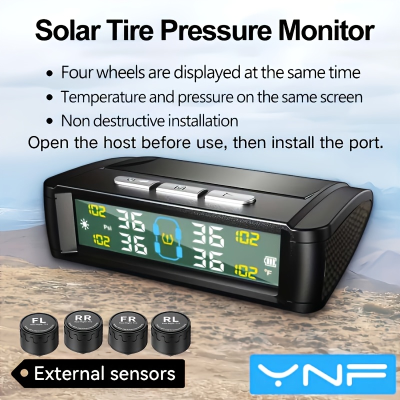 Ynf Solar Tpms, Compatible With 4 External Sensors, Real-time Tire Pressure And Temperature Notification, Non-destructive Installation, Vibration Sensing, Screen Display