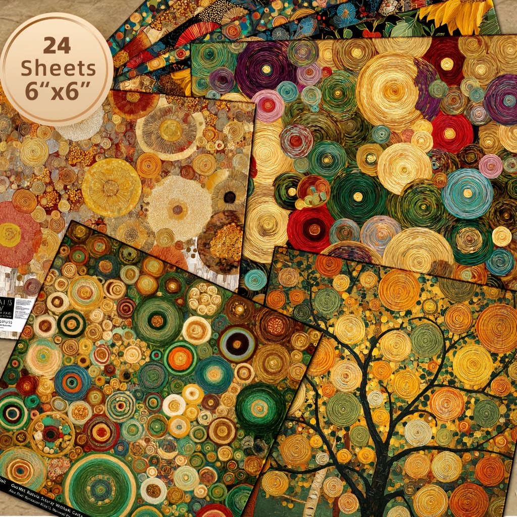 TEMU 24 Feuilles de Papier de Scrapbooking Style Klimt à Tourbillons Dorés, Adaptées au Bricolage, au Journaling Vintage, à Cadeau - Feuilles de 6x6