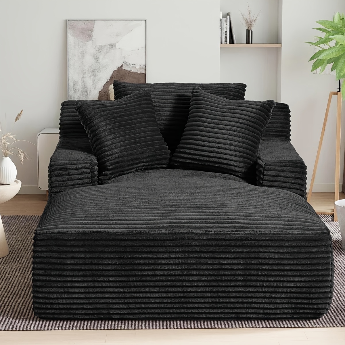 TEMU 47.25 Inch Wide Chaise Lounge Chair Indoor, Oversized Upholstered Flannel Boneless Sofa Bed With 3 Pillows And Side Pockets, Deep Seat Sleeper