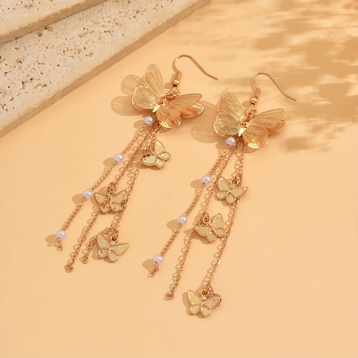 1pair Golden Butterflies Earrings Long Drop Dangling Cute Sparkly Stud Lightweight Jewelry For Women Accessory