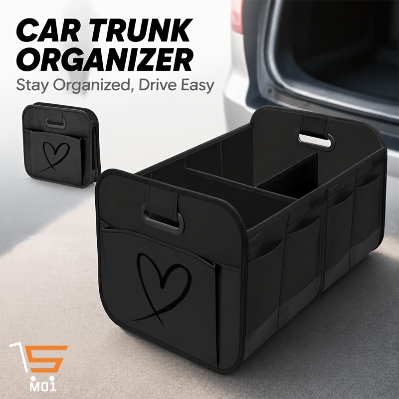 TEMU . minimalistische klappbare Auto-Aufbewahrungsbox mit schwarzem Herz-Strichzeichnungsmuster-Druck, schwarzer minimalistischer Gepäck-Organizer,
