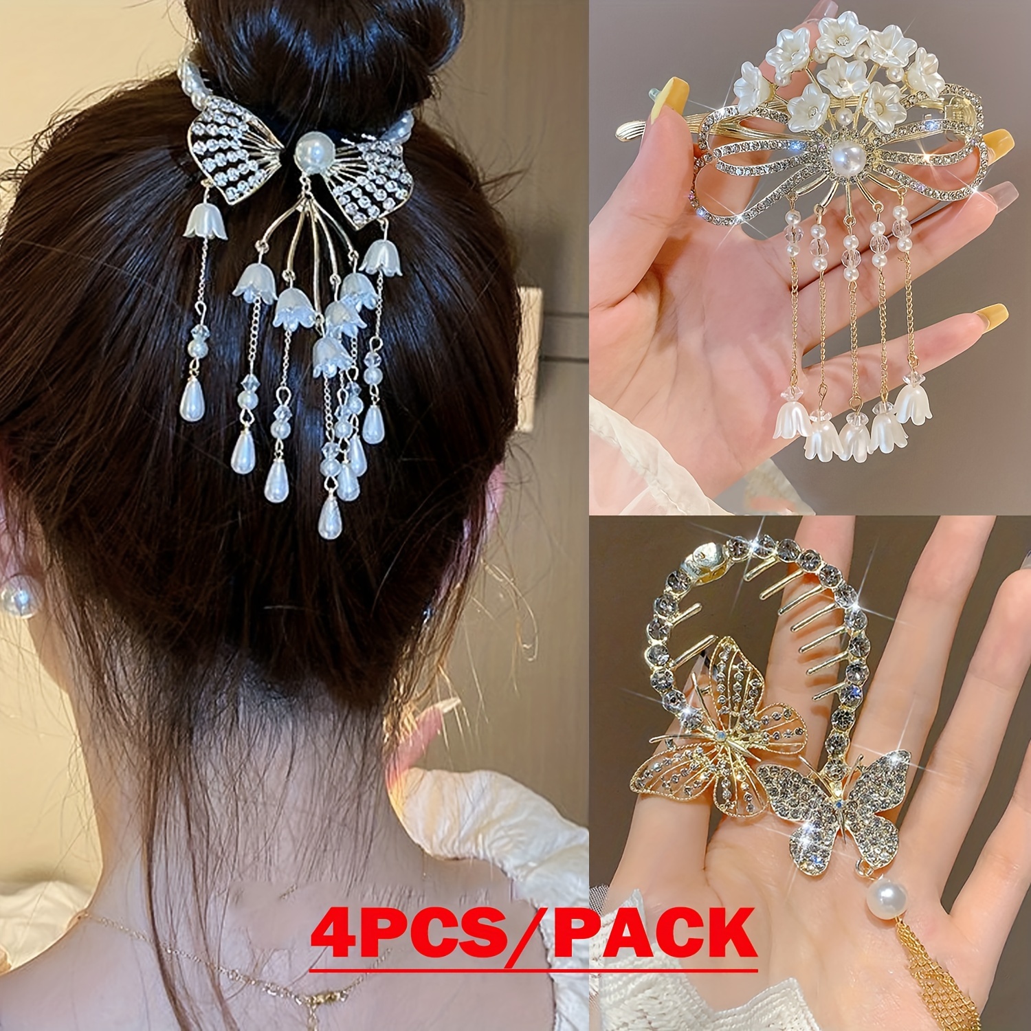 

4pcs Alloy Rhinestone Imitation Pearl Tassels Flower Butterfly Ponytail Clip, High Ponytail Bun Hair Clip, Sweet And Cute Hair Clip, Good Gifts For Girsls For Christmas