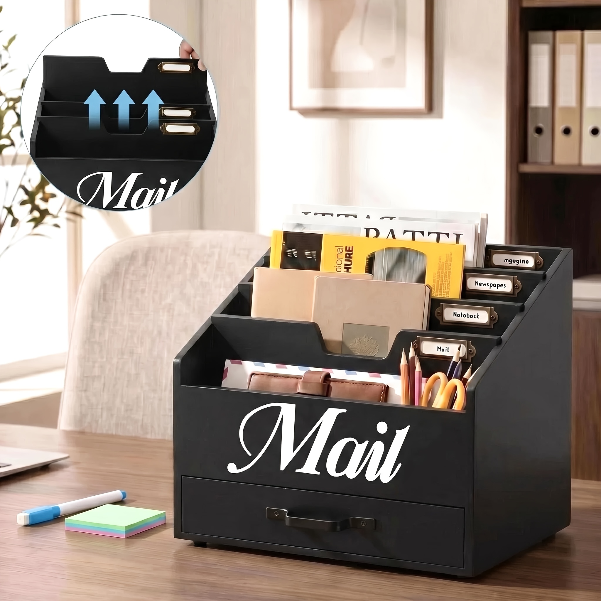 TEMU Wood Mail Organizer Countertop With Drawer And 4 Slots, Removable Dividers Desktop Mail Sorter, Letter Bill File Document Holder With Free