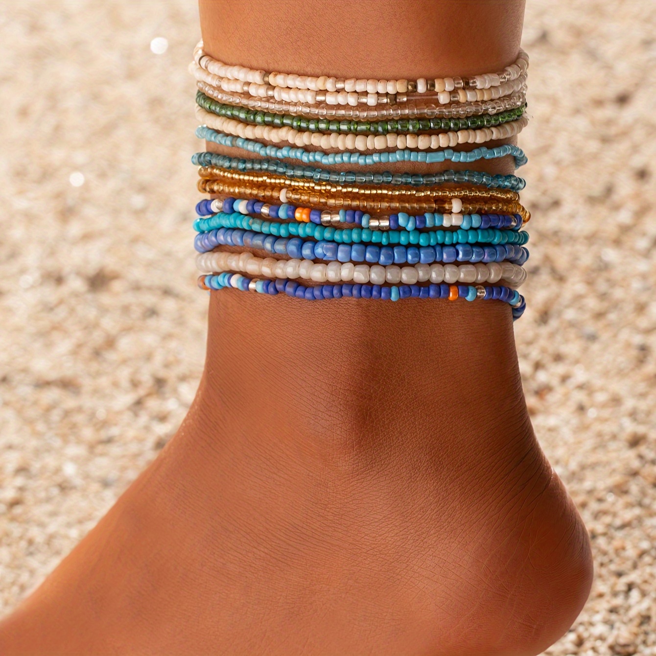 

14pcs, Bohemian Style Ankle Chains For Women, Glass Seed Beads, Summer Ocean Beach Vibes, Multicolor, Vacation Fashion Jewelry Accessories