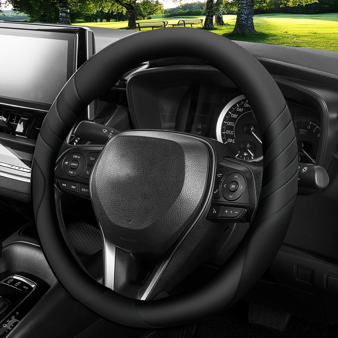 TEMU 1pc Car Steering Wheel Cover Fashion Contrast Color Faux Leather Stripe, Steering Wheel Cover Anti-slip And Wear-resistant Easy To Clean,