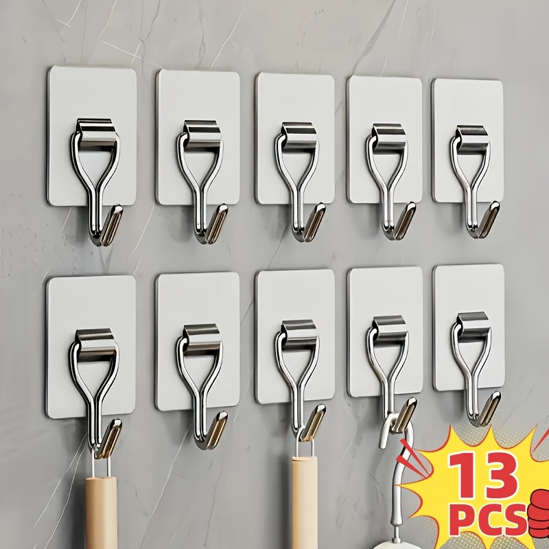 13pcs Trace-free Adhesive Hooks - With No Damage To The Wall Surface. Applicable To Photo Frames, Etc. Strong Metal Hooks Are Suitable For Ceramic Tiles And Surfaces. Practical Hooks, Utility Hooks