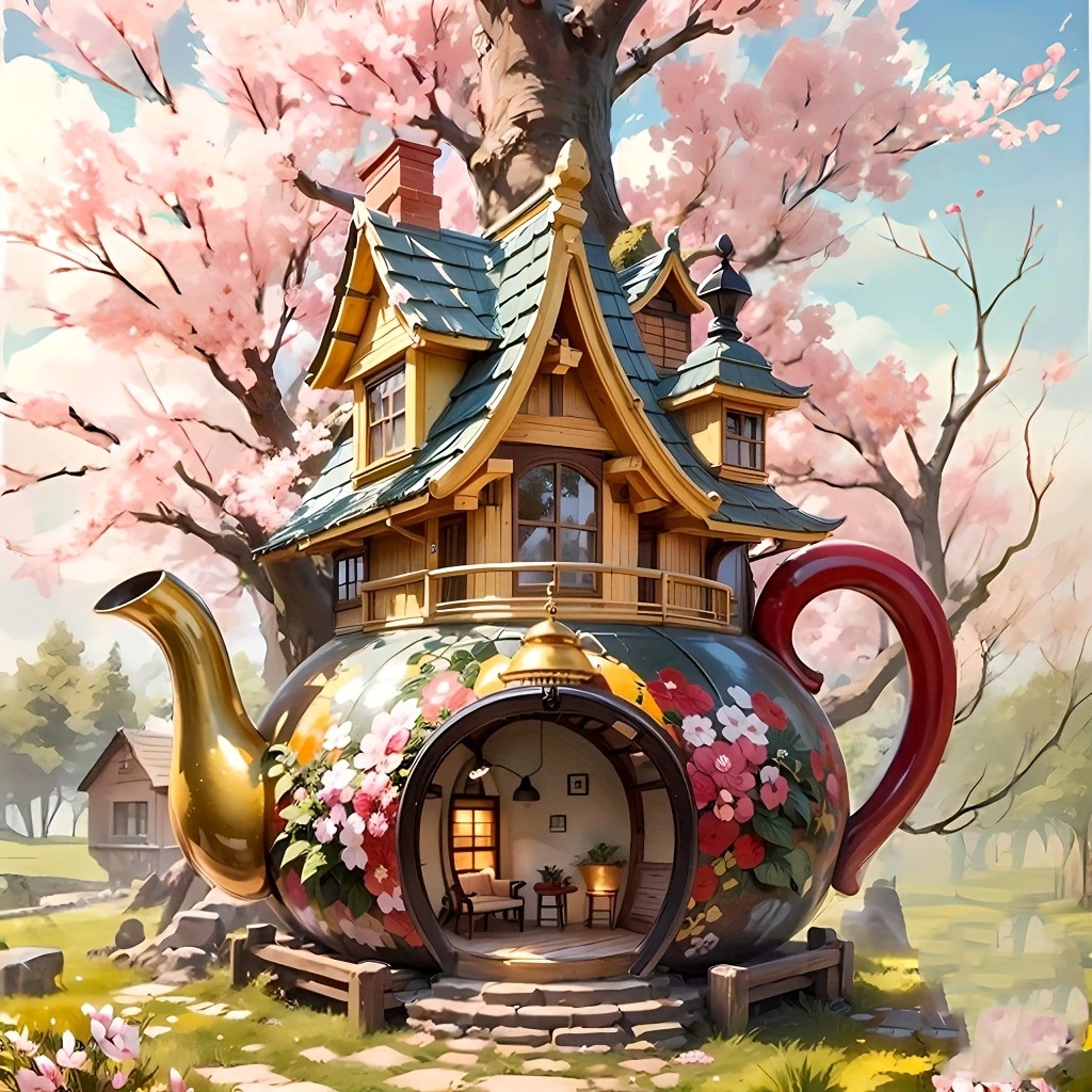 

Diy 5d Diamond Painting Kit For Adults, "charming Cottage Teapot" Theme, 11.8x11.8 Inches, Full Drill Canvas Wall Decor, Perfect Gift Craft - Includes Tools And Colorful Diamond Beads