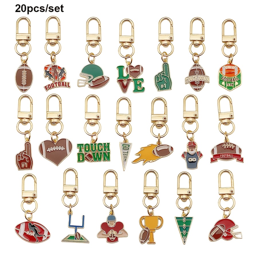 TEMU 20pcs/set Fashion American Football Themed Metal Keychains With Enamel Drip Elements Featuring Footballs, Helmets, Players, Trophies, Hand ,