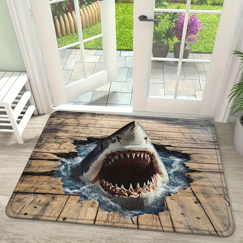 TEMU 1pc Of Visual Shark Sea Design Rectangular Door Mat, Non-slip Washable Polyester Door Mat, Flannel Material Is Soft, Comfortable And Easy To