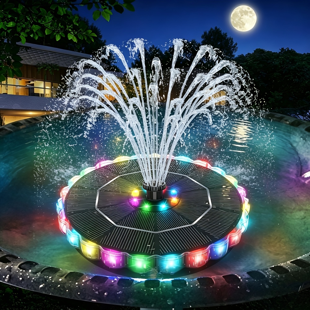 TEMU Solar Fountain, 2026 Upgrade 3.5w Solar Bird Bath Fountains With Colorful Ring Led Lights, 1800mah Battery, 8 Nozzles And 4 , Solar Water