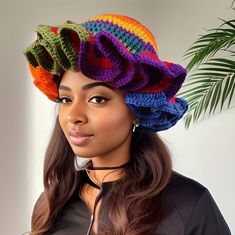 TEMU Handmade Crochet Rainbow Bucket Hat For Women, 100% Acrylic Knit Ruffle Brim, Unisex Funky Fringe Warm Winter , Lightweight, Elastic, Washable - Ideal For New Year's Fashion Accessory