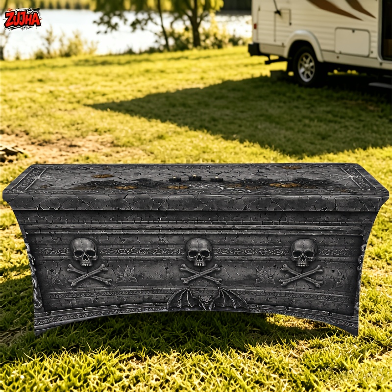 TEMU 1pc Elastic Fitted Rectangular Tablecloth, Halloween Vintage Coffin Bat Print Tablecloth, Stretch Rectangular Table Protector For Vendor Booth,