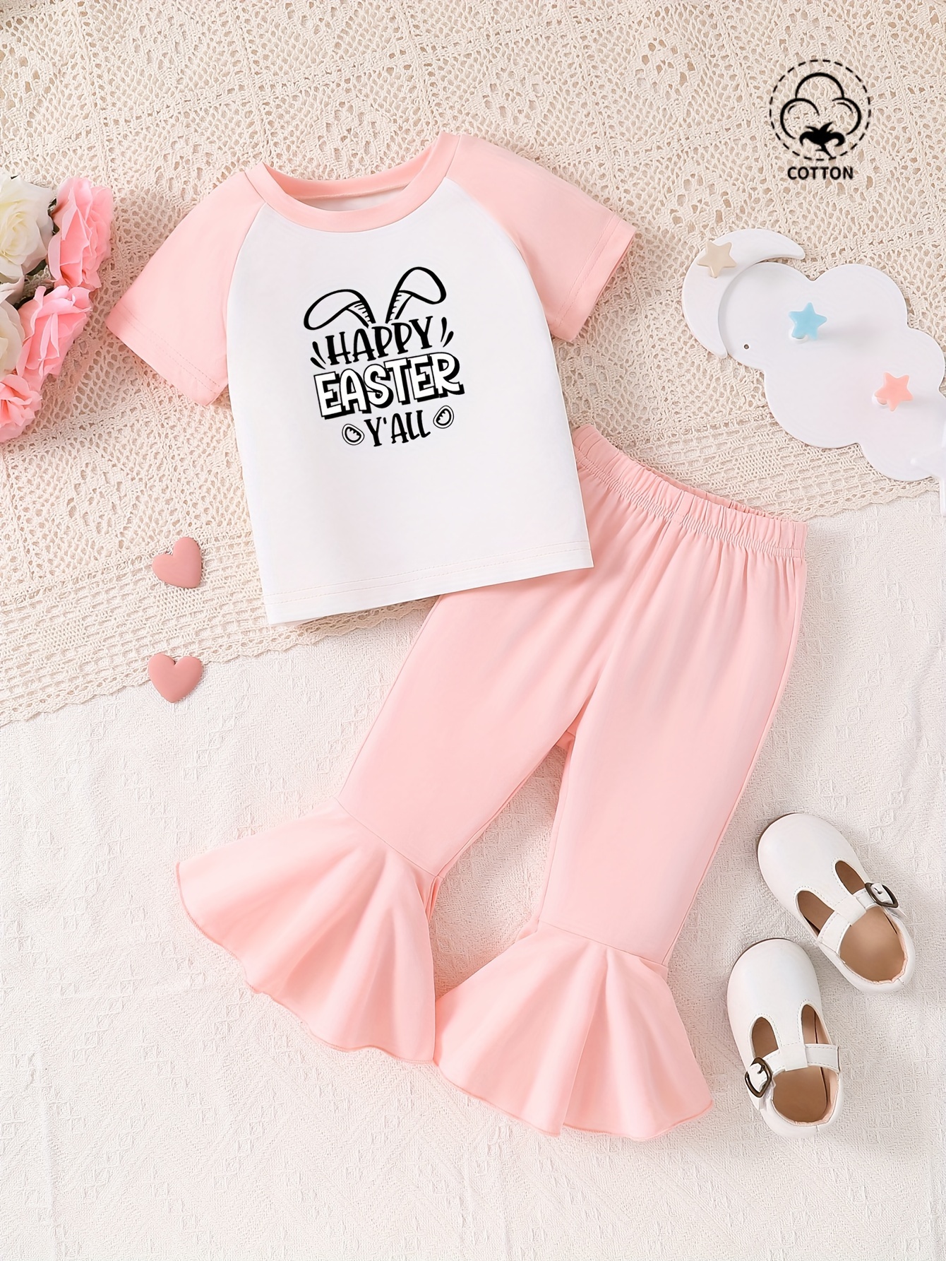 Toddler Baby Girls Easter Clothes Short Sleeve Bunny Print Ruffled Hem Top  + Flare Pants Set Kids Clothes