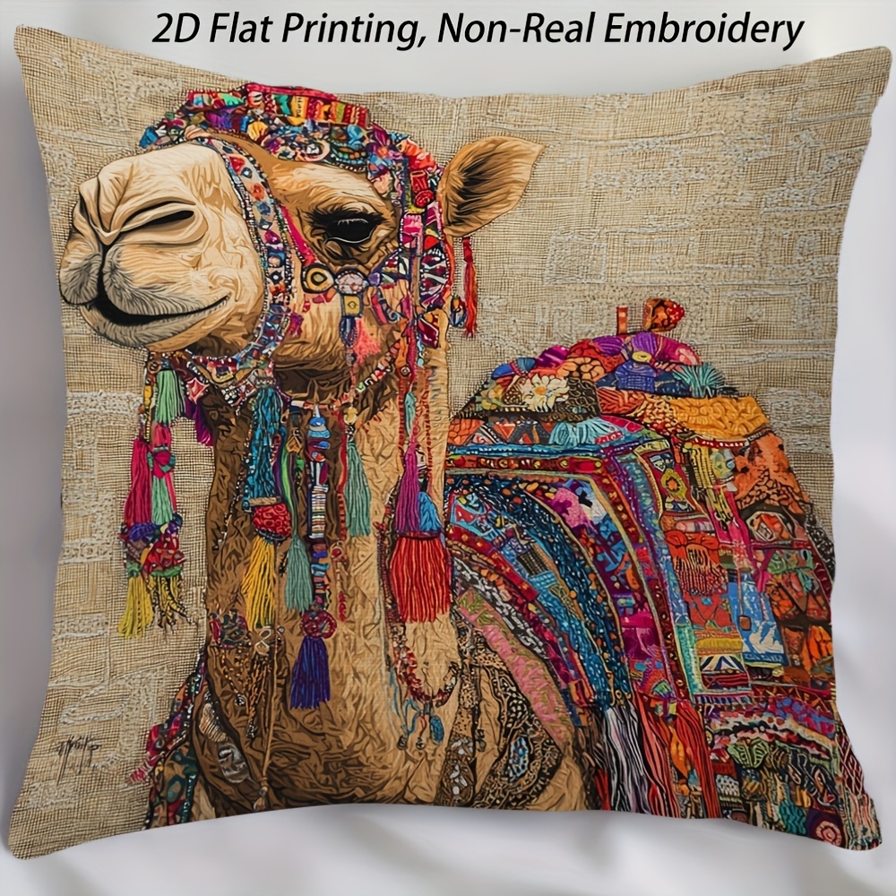 TEMU 2d Flat Printed, 1pc Colorful Camel Autumn Decorative Pillow Cover - Single-sided Print, Zipper Closure, Machine Washable - Not Embroidered,