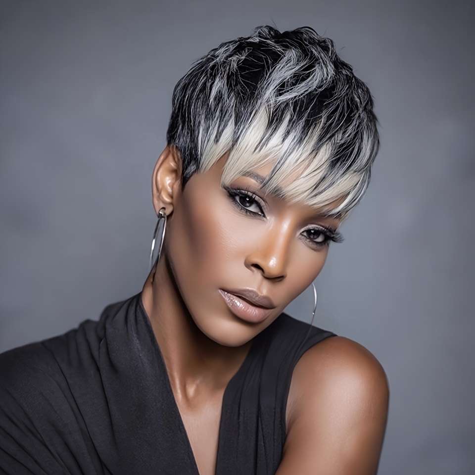 TEMU A Short Ombre Cut Wig Made From Brazilian Human Hair, Featuring A And Fully Machine-, With A Density Of 1b/60, Suitable For Holiday And Party Occasions