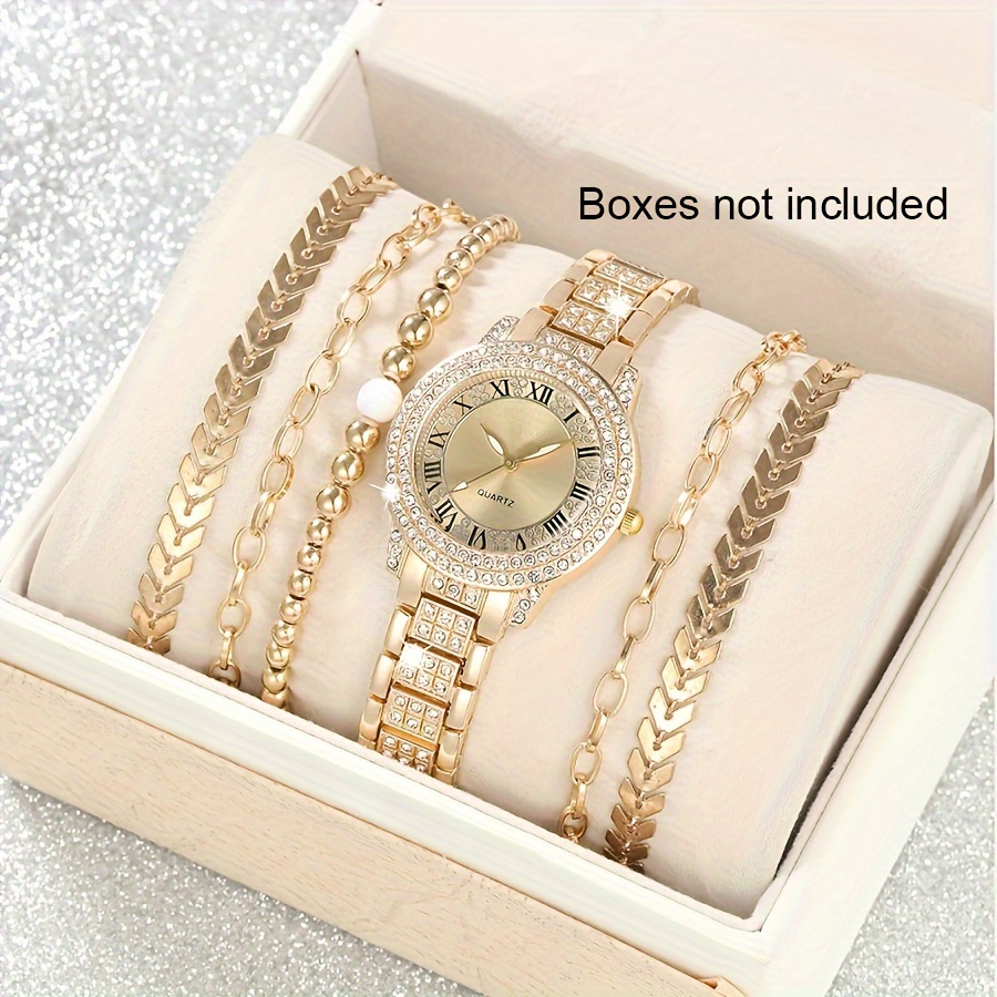 

6pcs/set Women's Luxury Rhinestone Quartz Watch Golden Fashion Stainless Steel Band Wrist Watch & Bracelets, Gift For Mom Her