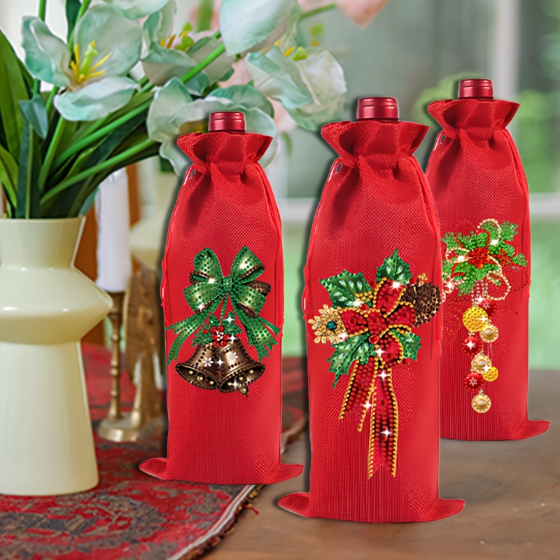 TEMU 3pcs 5d Diamond Painting Bag For Wine, Decorative Red Wine And Bag, Adult Design. This Diamond Painting Kit Includes A Christmas Bell - Ribbon -