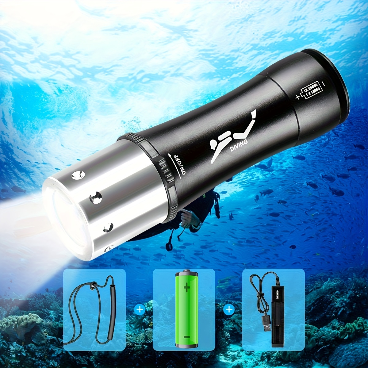 TEMU 1pc High L2 Led Scuba Diving Flashlight, With Charger And 18650 Battery, 3 , For 60m/196ft Underwater Snorkeling, Cave Diving, Snorkeling Gear,